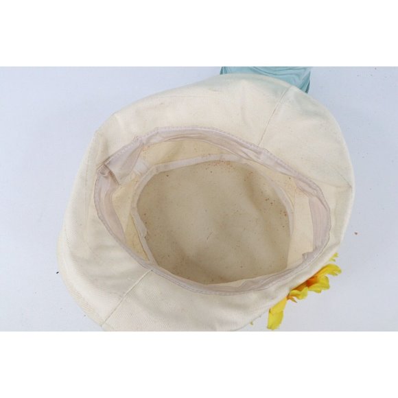 Vintage 90s Streetwear Sunflower Canvas Bucket Hat Cap Cream Cotton Womens M/L